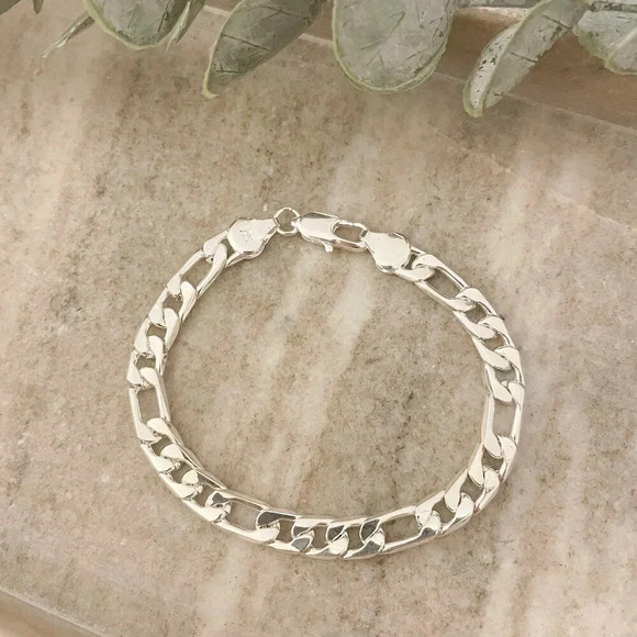 925 Sterling Silver Flat Chain Link Bracelet Modern Figaro Bracelet Chain Link - Picture 2 of 4